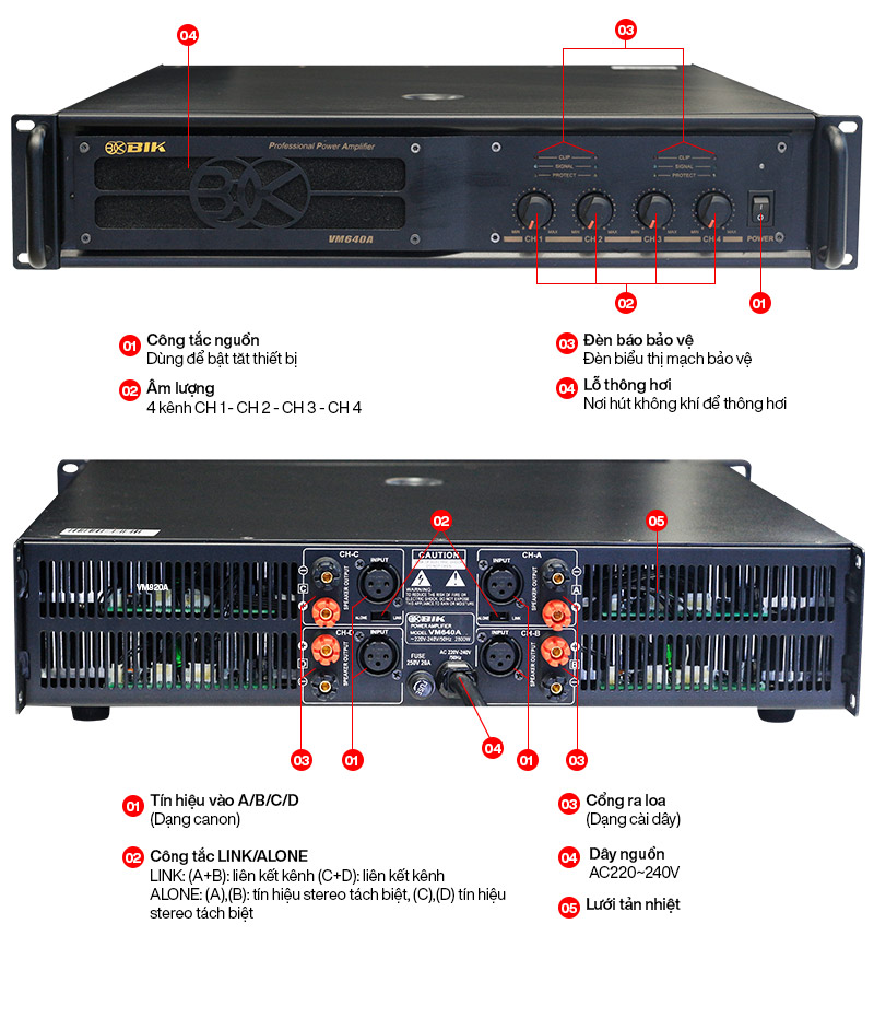 Ảnh kĩ thuật Cục đẩy công suất 4 kênh BIK VM 640A Cao Cấp (Nguồn xuyến, Class H, 600W)