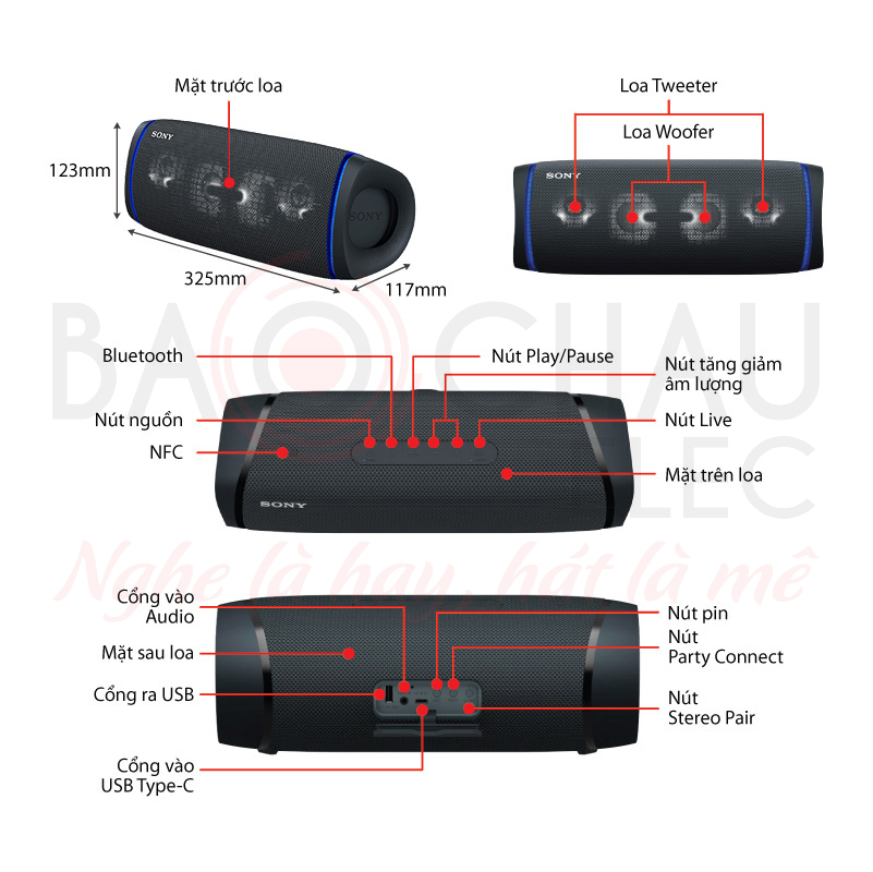 Ảnh kĩ thuật Loa bluetooth Sony SRS XB43 (Pin 24h, IP67, Extra Bass, Đèn Led)