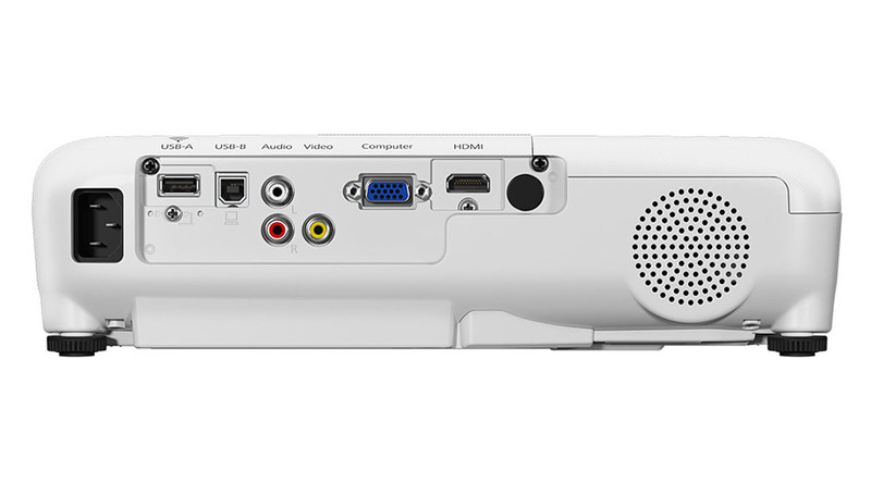 Mặt sau của máy chiếu Epson EB-X05 cung cấp nhiều lựa chọn kết nối linh hoạt.