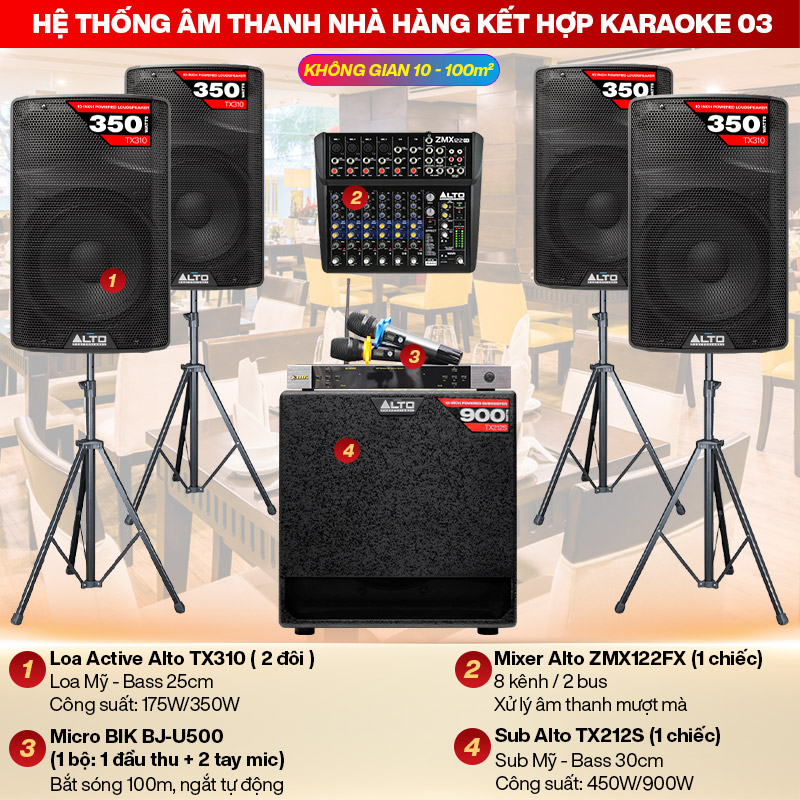 hệ thống âm thanh nhà hàng kết hợp karaoke 03 (100m2)