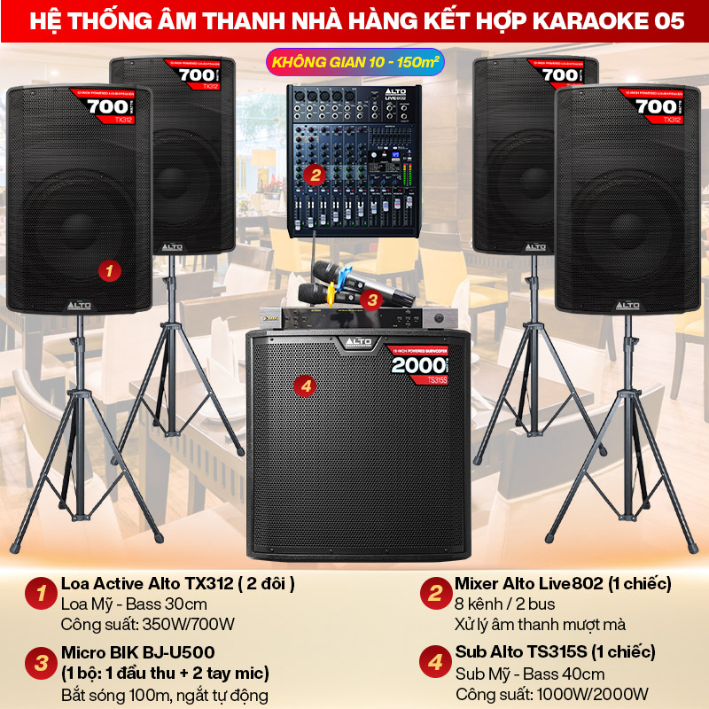 hệ thống âm thanh nhà hàng kết hợp karaoke 05 (100m2)