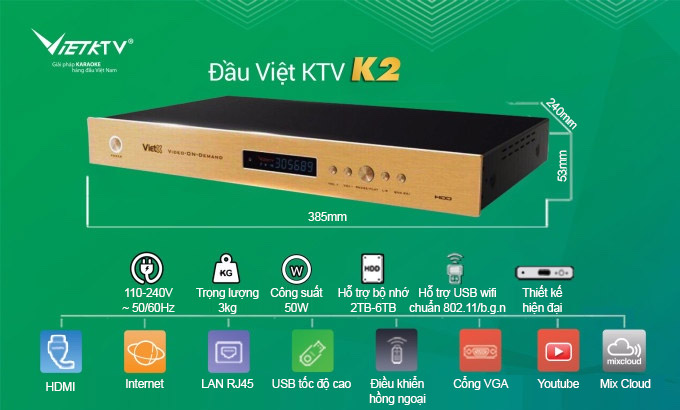 Đầu karaoke Việt KTV K2 4TB hiện đại, chính hãng, giá rẻ