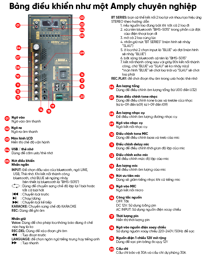 Loa kéo Karaoke Nhật BIK BMS 5015 (phiên bản không có lỗ cắm micro)