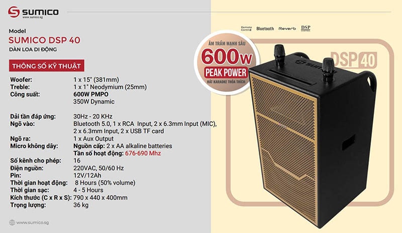 Ra mắt loa Sumico DSP40 công suất mạnh 600W, cấu hình “All-in-One”, pin 8 tiếng