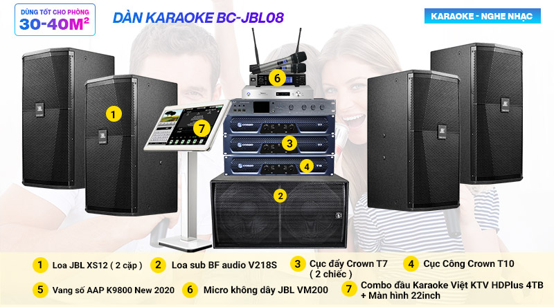 Dàn karaoke BC-JBL08 (JBL XS12, BF audio V218S, Crown T7, Crown T10, AAP K9800, JBL VM200, VietK 4K Plus 4TB, Màn 22inch