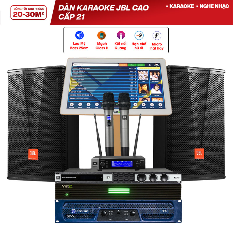 Dàn karaoke JBL cao cấp 21 (JBL CV1070, Crown T5, JBL KX180A, JBL VM200, VietK 4K Plus 4TB + Màn VietK 21 )
