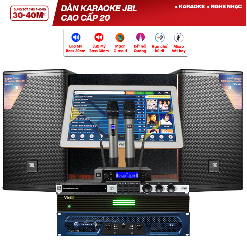 Dàn karaoke JBL cao cấp 20 (JBL MTS12, Crown T7, JBL KX180A, JBL A120P,JBL VM200, VietK 4K Plus 4TB + Màn VietK 21)