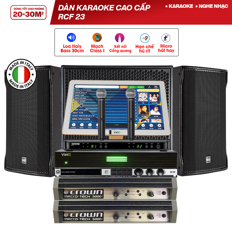 Dàn karaoke cao cấp RCF 23 (RCF CMAX 4112, RCF S 8018 II, Crown MA5000i, JBL KX180A, Shure BLX288A/SM58)