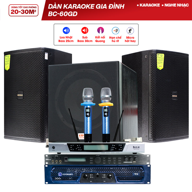 Dàn karaoke gia đình BC-60GD (Domus DP 6100, Crown T5, BKSOUND X5 plus, BKsound sw512, BCE UGX12 Luxury)
