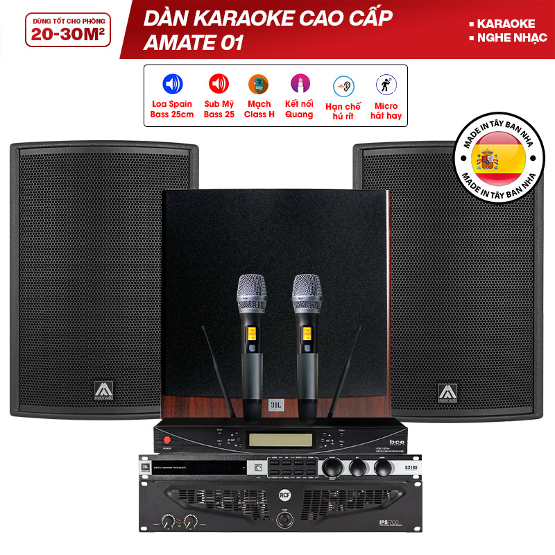 Dàn karaoke cao cấp Amate 01 (Amate Key 10, RCF IPS 1700, JBL KX180, JBL Stage A100P, BCE UGX12 Plus)