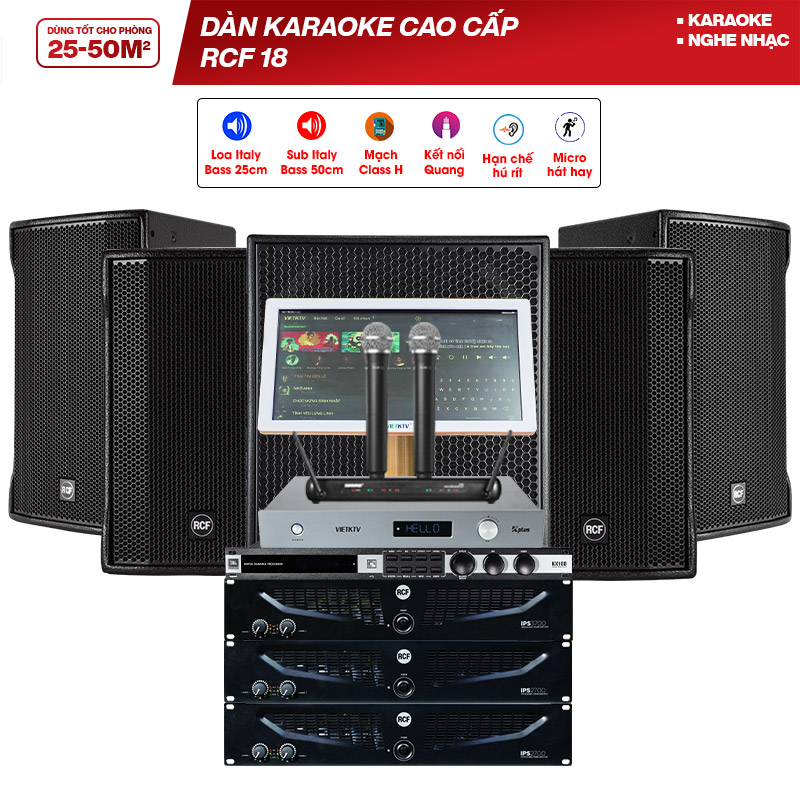 Dàn karaoke cao cấp RCF 18 (RCF CMAX 4110, RCF S8018II, RCF IPS 2700, RCF IPS3700, JBL KX180, Shure SVX288A/PG58)