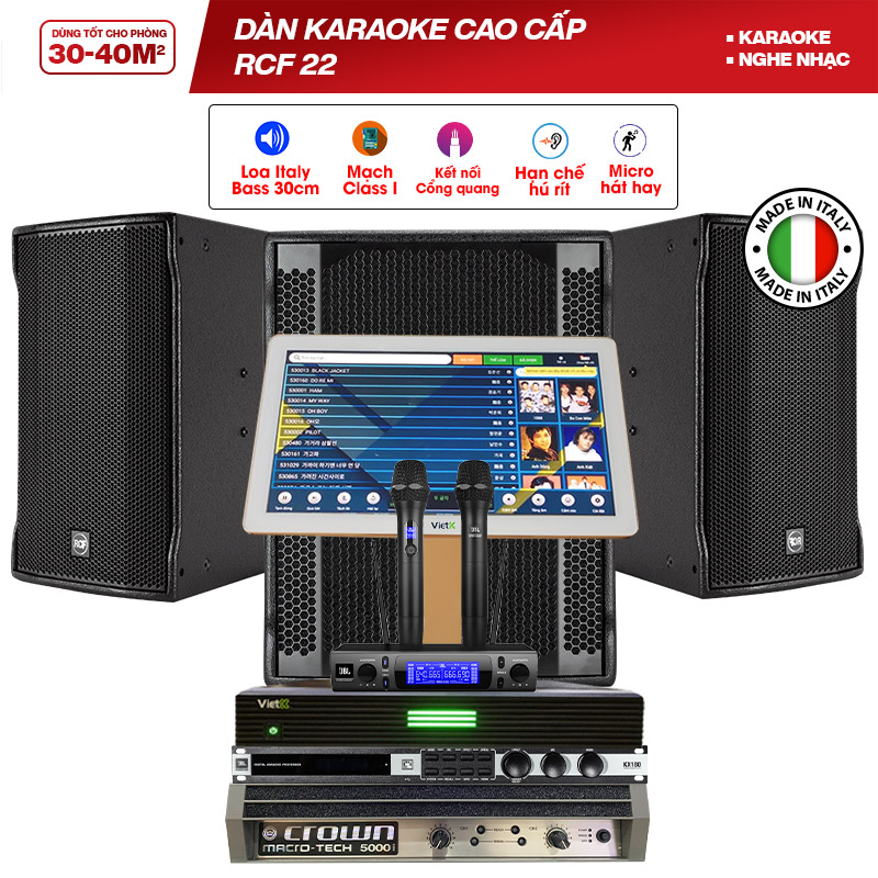 Dàn karaoke cao cấp RCF 22 (RCF CMAX 4112, Crown MA 5000i, JBL KX180A, RCF 705 ASII, JBL VM300, VietK 4K Plus 4TB)
