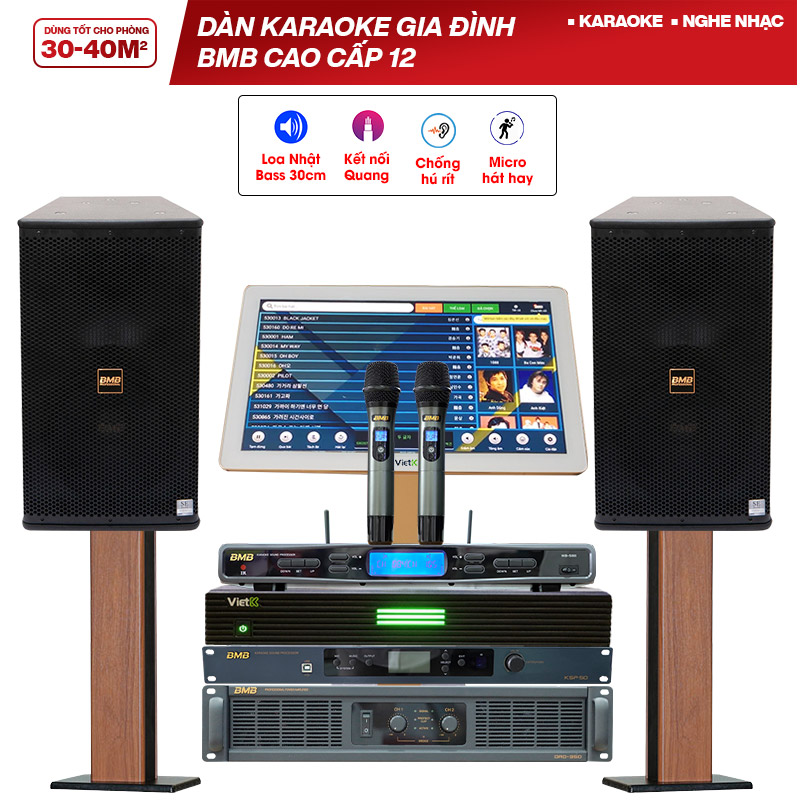 Dàn karaoke gia đình BMB cao cấp 12 (BMB CSS 1212SE, BMB DAD 950SE, BMB KSP 50, Đầu VietK 4K Plus 4TB + Màn VietK 21)