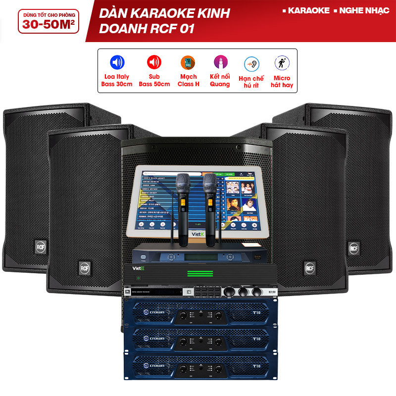 Dàn karaoke kinh doanh RCF 01 (RCF E MAX 3112, JBL PRX 418S, Crown T10, JBL KX180A, BCE Vip 3000, Việt K 4K Plus 4TB)