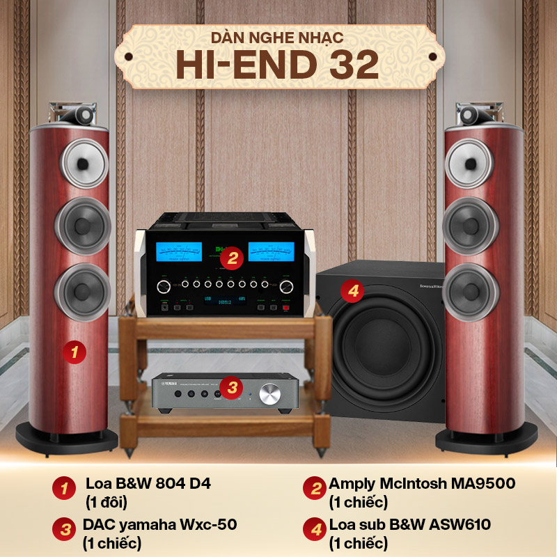 Dàn nghe nhạc Hi-end 32 (B&W 804 D4 + McIntosh MA9500 + B&W ASW610 + DAC Yamaha WXC-50)