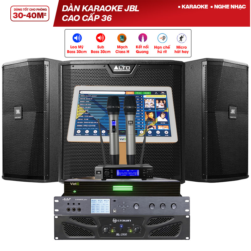 Dàn karaoke JBL cao cấp 36 (JBL XS12, Crown Xli2500, AAP K9800II Plus, Alto TS312S, JBL VM200, VietK 4K Plus 4TB + Màn V
