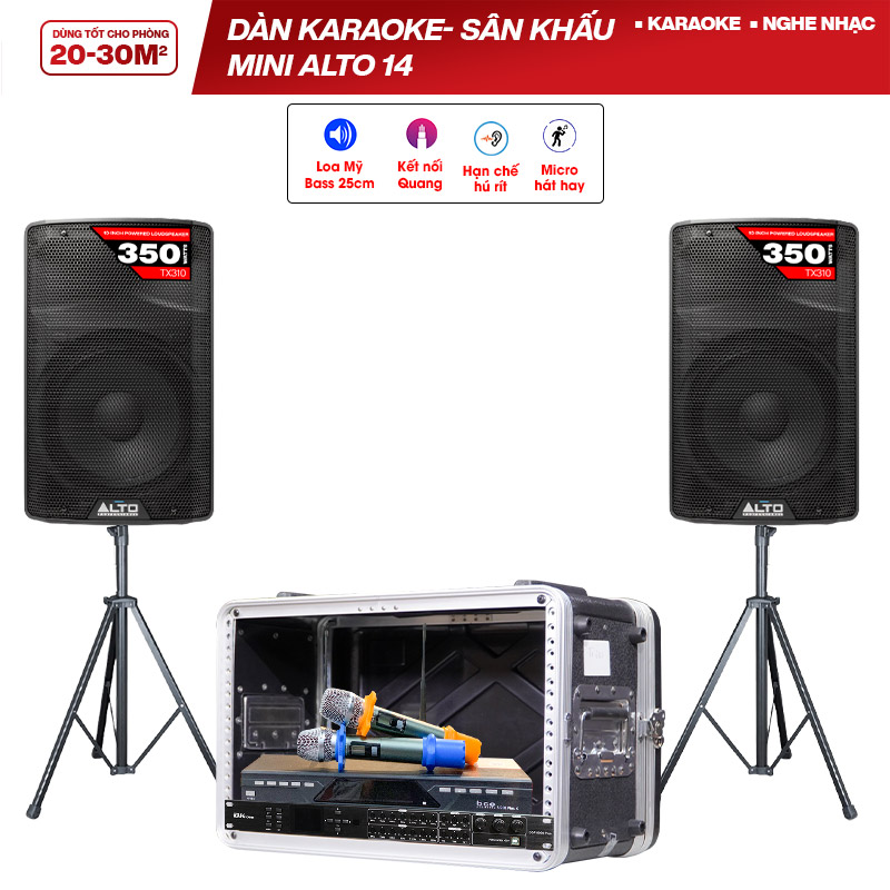 Dàn karaoke- Sân khấu Mini Alto 14 (Alto TX310, BKsound DSP 9000 Plus, BCE U900 Plus X, Tủ nhựa ABS 6US, Chân loa)