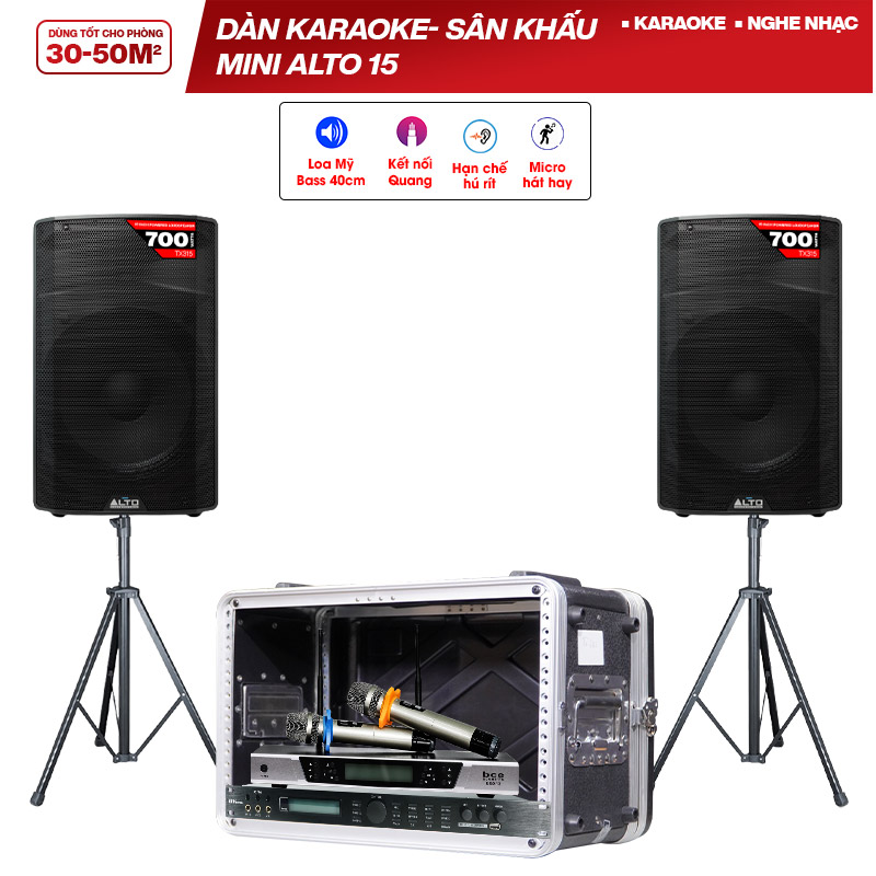Dàn karaoke- Sân khấu Mini Alto 15 (Alto TX315, BKsound X5 Plus, BCE UGX12, Tủ nhựa ABS 6US, Chân loa)