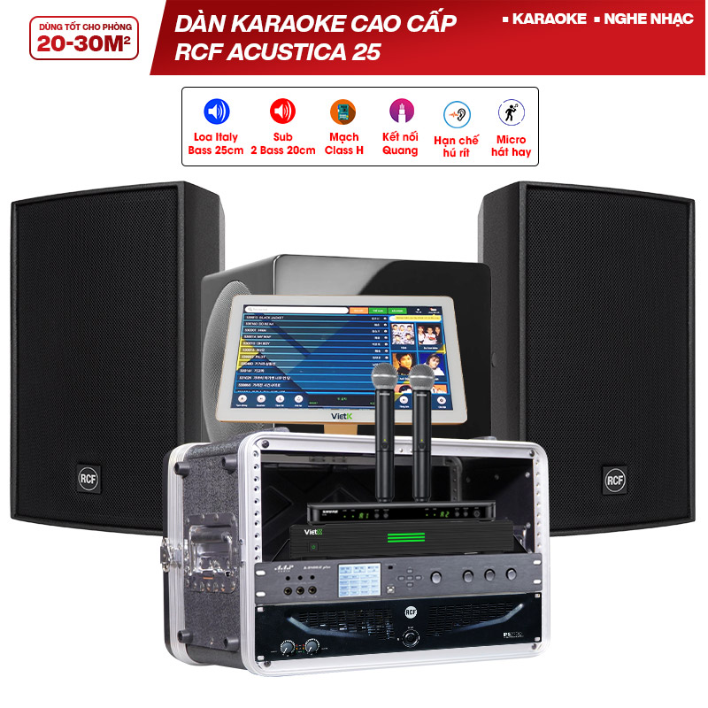 Dàn karaoke cao cấp RCF Acustica 25 (RCF C 3110 126, RCF IPS 2700, SVS 3000 Micro, AAP K9800 II Plus, Shure BLX288A/PG58