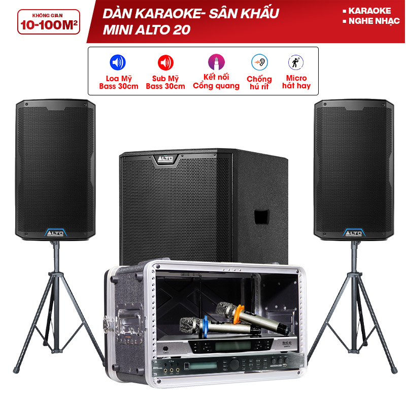 Dàn karaoke - Sân khấu Mini Alto 20 (Alto TS412, BKSound X5 Plus, Alto TS312S, BCE UGX12, Tủ ABS 6US)