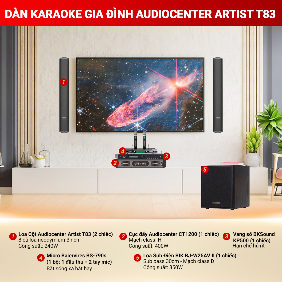 Dàn Karaoke Gia Đình gắn tường Audiocenter Artist T83