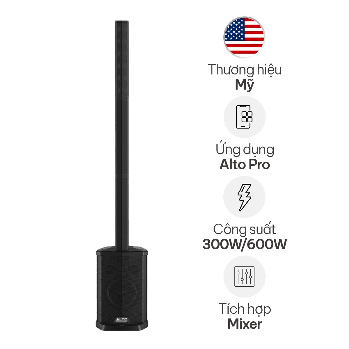 Loa cột Alto TS108C (New 2025, Bass 20cm, RMS 300W, Mixer 3 kênh tích hợp, class D)