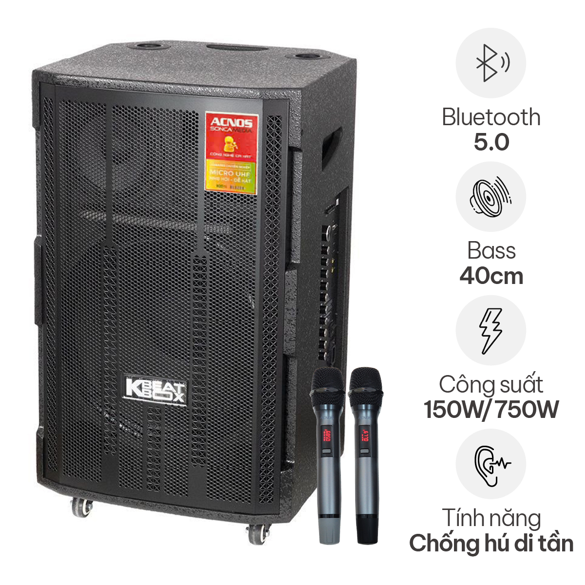 Loa Kéo Acnos CB4800Plus (New 2025, Bass 40, 150W/750W, Kèm 2 tay micro)
