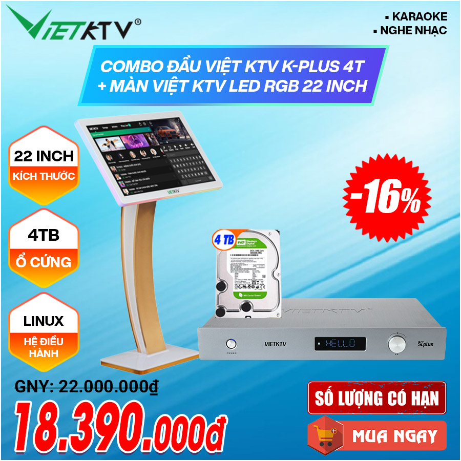 Combo Đầu Việt KTV K-Plus 4T + Màn Việt KTV Led RGB 22 Inch