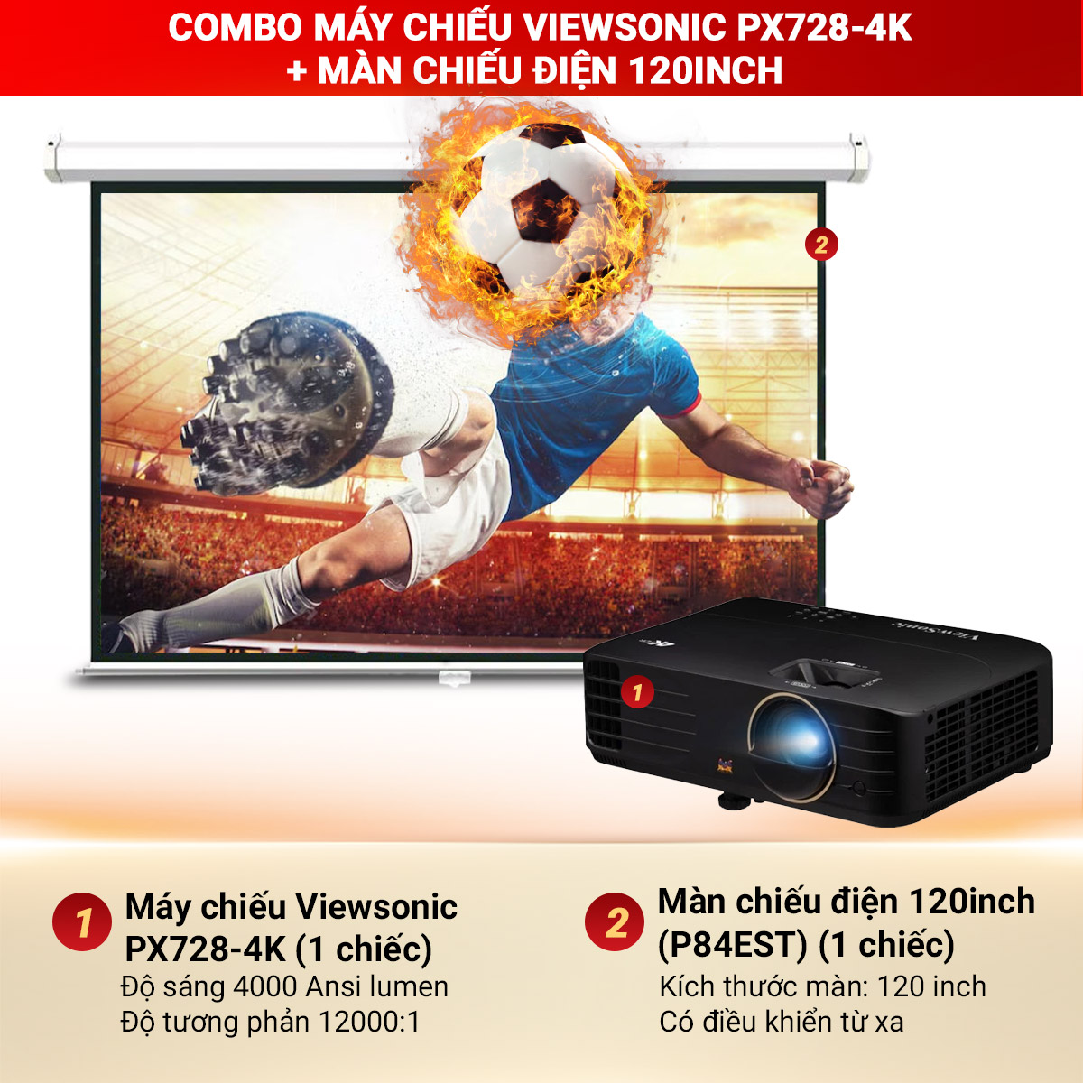 Combo máy chiếu Viewsonic PX728-4K + Màn chiếu điện 120 inch