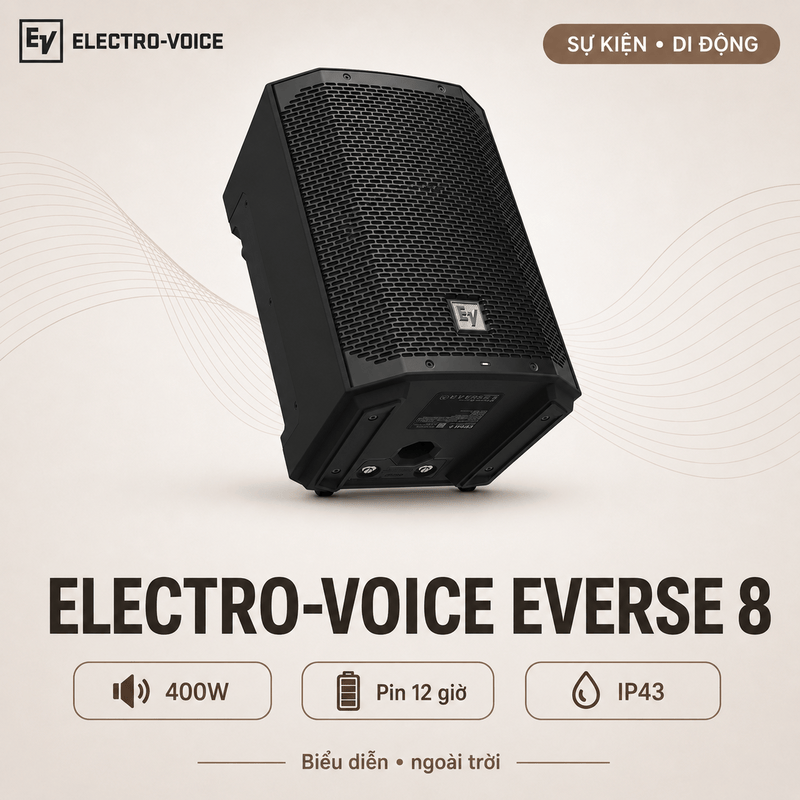 Loa Electro Voice Everse 8 (Công Suất 400W, Pin 12 giờ, Chống Nước IP43, Bluetooth, TWS)