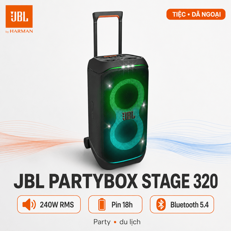 Loa JBL PartyBox Stage 320 (240W, Pin 18h, IPX4, Bluetooth 5.4)