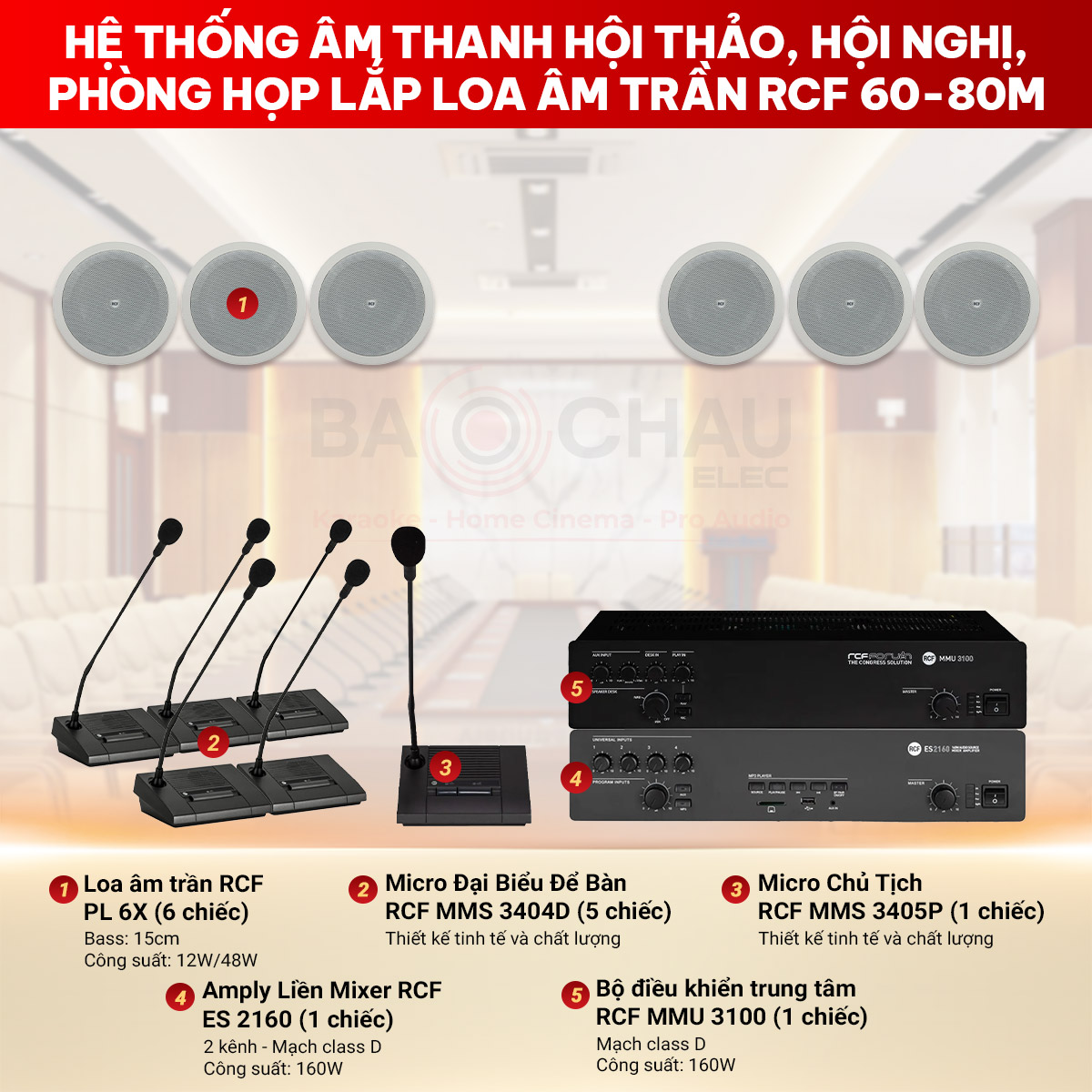 Hệ thống Âm thanh hội thảo, hội nghị, phòng họp lắp loa âm trần RCF 60-80m