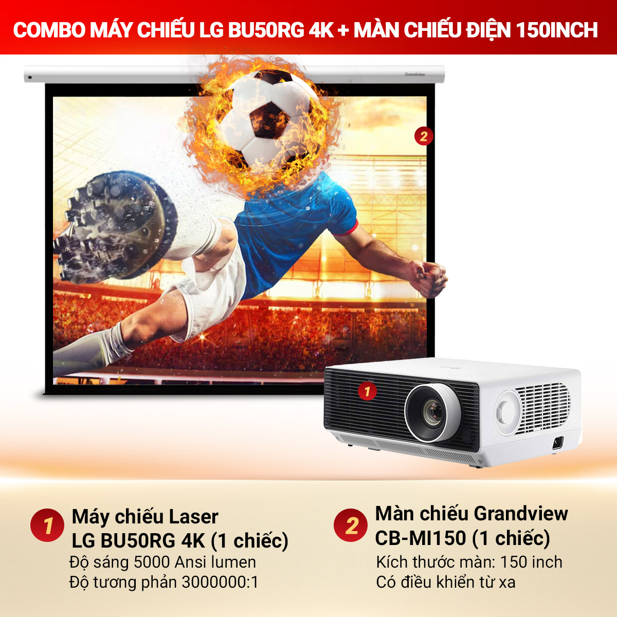 Combo máy chiếu LG BU50RG 4K + Màn chiếu Grandview CB-MI150