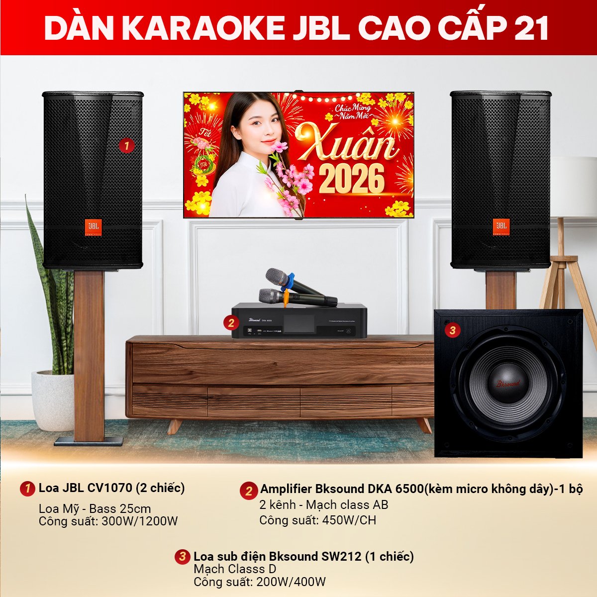 1/5 H&igrave;nh ảnh sản phẩm Th&ocirc;ng số sản phẩm 100% h&agrave;ng ch&iacute;nh h&atilde;ng Đền gấp 3 lần nếu ph&aacute;t hiện h&agrave;ng giả Gi&aacute; lu&ocirc;n rẻ nhất Gọi để c&oacute; gi&aacute; tốt nhất Việt Nam Hệ thống 18 cửa h&agrave;ng lớn nhất Việt Nam Trả g&oacute;p 0% Trả g&oacute;p online từ 0% Đặc điểm nổi bật D&agrave;n karaoke JBL cao cấp 21 được x&acirc;y dựng từ những thiết bị cao cấp, hiện đại c&ugrave;ng t&iacute;nh năng vượt trội cho kh&ocirc;ng gian rộng 20- 30m2. Cấu h&igrave;nh bộ d&agrave;n gồm : - Loa karaoke JBL CV1070 (1 cặp) 2 loa, 2 đường tiếng, c&ocirc;ng suất 300W/600W. - Digital Karaoke Power Amplifier BKSound DKA 6500 (1 bộ) 2 k&ecirc;nh, mạch Class AB, c&ocirc;ng suất RMS mạnh mẽ 450W/CH, k&egrave;m micro. - Loa sub BKSound SW212 (1 chiếc) mạch Class D, c&ocirc;ng suất RMS/Max 200W/400W. T&acirc;n trang, đầu tư cho kh&ocirc;ng gian giải tr&iacute; bộ d&agrave;n karaoke gia đ&igrave;nh l&agrave; điều ai cũng muốn để cả gia đ&igrave;nh cho thể h&aacute;t karaoke, nghe nhạc bất cứ l&uacute;c n&agrave;o. Tuy nhi&ecirc;n việc phối gh&eacute;p sản phẩm l&agrave; điều kh&ocirc;ng phải ai cũng biết, h&atilde;y tham khảo ngay D&agrave;n karaoke JBLcao cấp 21, bộ d&agrave;n hội tụ đầy đủ c&aacute;c yếu tố cần thiết như thiết bị cao cấp, chất lượng đảm bảo, gi&aacute; th&agrave;nh tốt... Cấu h&igrave;nh D&agrave;n karaoke JBL cao cấp 21 gồm c&aacute;c thiết bị : Đặc điểm chi tiết c&aacute;c thiết bị trong D&agrave;n karaoke JBL cao cấp 21 Loa karaoke JBL CV1070 Loa karaoke JBL CV1070 sở hữu thiết kế nổi bật với kiểu d&aacute;ng loa đứng khỏe khoắn, c&aacute;c g&oacute;c cạnh được bo tr&ograve;n mềm mại. Th&ugrave;ng loa h&igrave;nh thang được l&agrave;m từ chất liệu gỗ MDF cao cấp d&agrave;y 15mm, kh&aacute; chắc chắn, chịu được &aacute;p lực cao trong qu&aacute; tr&igrave;nh hoạt động n&ecirc;n &acirc;m thanh đưa ra lu&ocirc;n rất đều tiếng. Loa karaoke JBL CV1070 Được thiết kế 2 loa, 2 đường tiếng, trang bị 1 củ bass 25cm v&agrave; 1 loa treble m&agrave;ng polymer 2414H-C 2.5cm. C&aacute;c củ loa được l&agrave;m từ nam ch&acirc;m cao cấp, c&oacute; độ bền cao, khả năng xử l&yacute; c&ocirc;ng suất vượt trội đồng thời cho giọng h&aacute;t trung thực. Loa karaoke JBL CV1070 hoạt động ở mức c&ocirc;ng suất li&ecirc;n tục 300W v&agrave; c&oacute; thể đạt cực đại 1200W n&ecirc;n c&oacute; thể sử dụng cho c&aacute;c ph&ograve;ng karaoke gia đ&igrave;nh, karaoke kinh doanh chuy&ecirc;n nghiệp diện t&iacute;ch khoảng 15 - 25m2 hoặc qu&aacute;n bar, qu&aacute;n caf&eacute;, hội trường nhỏ,&hellip; C&Oacute; THỂ BẠN QUAN T&Acirc;M : >> Loa karaoke JBL CV1070 sử dụng h&aacute;t karaoke, nghe nhạc cực hay ph&ugrave; hợp với ph&ograve;ng 20- 30m2. Digital Karaoke Power Amplifier BKSound DKA 6500 Digital Karaoke Power Amplifier BKSound DKA 6500 l&agrave; mẫu cục đẩy liền vang k&egrave;m micro kh&ocirc;ng d&acirc;y 3 trong 1 nổi bật của BKSound - Việt Nam, ph&ugrave; hợp cho nhu cầu karaoke, nghe nhạc v&agrave; xem phim tại gia. Digital Karaoke Power Amplifier BKSound DKA 6500 m&agrave;u đen Sản phẩm sử dụng mạch khuếch đại Class AB với 2 k&ecirc;nh cho c&ocirc;ng suất RMS mạnh mẽ 450W mỗi k&ecirc;nh, mang lại &acirc;m thanh khỏe, chi tiết v&agrave; ổn định. BKSound DKA 6500 hỗ trợ nhiều kết nối hiện đại như Bluetooth, cổng quang, USB, HDMI ARC, gi&uacute;p kết nối linh hoạt với TV v&agrave; c&aacute;c thiết bị nguồn ph&aacute;t. Ngo&agrave;i ra, m&aacute;y c&ograve;n t&iacute;ch hợp Echo, Reverb mượt m&agrave; c&ugrave;ng t&iacute;nh năng chống h&uacute; hiệu quả, dễ d&agrave;ng phối gh&eacute;p với nhiều d&ograve;ng loa karaoke bass 25&ndash;30cm, thậm ch&iacute; 40cm như Alto, JBL, BIK. TH&Ocirc;NG TIN VỀ SẢN PHẨM : >> Digital Karaoke Power Amplifier BKSound DKA 6500 sử dụng cho karaoke, nghe nhạc, xem phim cực hay Loa sub BKSound SW212 Loa sub điện BKSound SW212 l&agrave; mẫu loa sub bass 30cm đến từ thương hiệu BKSound, chuy&ecirc;n t&aacute;i tạo dải trầm s&acirc;u, chắc v&agrave; uy lực. loa sub bksound sw212 Sản phẩm được trang bị củ loa bass 30cm kết hợp amply Class D t&iacute;ch hợp cho c&ocirc;ng suất RMS 200W v&agrave; c&ocirc;ng suất tối đa 400W, đ&aacute;p ứng tốt cho karaoke, nghe nhạc v&agrave; xem phim. Dải tần đ&aacute;p ứng rộng từ 28Hz đến 150Hz gi&uacute;p tiếng bass xuống s&acirc;u, gọn g&agrave;ng v&agrave; lan tỏa đều trong kh&ocirc;ng gian. Với thiết kế hiện đại, dễ phối gh&eacute;p, BKSound SW212 l&agrave; lựa chọn l&yacute; tưởng để tăng cường &acirc;m trầm cho d&agrave;n &acirc;m thanh gia đ&igrave;nh. T&Igrave;M HIỂU TH&Ecirc;M TẠI : >> Loa sub BKSound SW212t&aacute;i tạo &acirc;m trầm uy lực, th&iacute;ch hợp sử dụng karaoke, nghe nhạc, xem phim cực hay. D&agrave;n karaoke cao cấp JBL 21 được b&agrave;y b&aacute;n tại hệ thống showroom &acirc;m thanh của Bảo Ch&acirc;u Elec tr&ecirc;n to&agrave;n quốc với gi&aacute; th&agrave;nh ưu đ&atilde;i nhất thị trường. Kh&aacute;ch h&agrave;ng muốn sở hữu bộ d&agrave;n c&oacute; thể gh&eacute; Bảo Ch&acirc;u Elec để trải nghiệm thực tế hoặc đặt mua, nhận tư vấn v&agrave; hỗ trợ về sản phẩm qua hotline 1900 0255. Xem th&ecirc;m Đ&aacute;nh gi&aacute; sản phẩm 5/5 36 đ&aacute;nh gi&aacute; 5 100% 4 0% 3 0% 2 0% 1 0% 5 Quang C&ocirc;ng Đ&atilde; mua h&agrave;ng 26/02/2022Th&iacute;ch Hoạt động mạnh mẽ bền bỉ, chất lượng &acirc;m thanh hay, h&aacute;t karaoke rất th&iacute;ch T&uacute; Anh Đ&atilde; mua h&agrave;ng 26/02/2022Th&iacute;ch Nh&acirc;n vi&ecirc;n phục vụ tận t&igrave;nh, hướng dẫn sản phẩm kĩ c&agrave;ng tỉ mỉ Hồng Sơn Đ&atilde; mua h&agrave;ng 26/02/2022Th&iacute;ch Tiền n&agrave;o của nấy, chất lượng th&igrave; khỏi phải b&agrave;n, rất ưng &yacute; Minh Quốc Đ&atilde; mua h&agrave;ng 25/02/2022Th&iacute;ch Nh&acirc;n vi&ecirc;n tư vấn tận t&igrave;nh, hướng dẫn rất chi tiết L&ecirc; Đức Đ&atilde; mua h&agrave;ng 25/02/2022Th&iacute;ch Bộ d&agrave;n h&aacute;t karaoke v&agrave; nghe nhạc hay, t&ocirc;i rất h&agrave;i l&ograve;ng Xem 36 đ&aacute;nh gi&aacute; Viết đ&aacute;nh gi&aacute; D&agrave;n karaoke JBL cao cấp 21