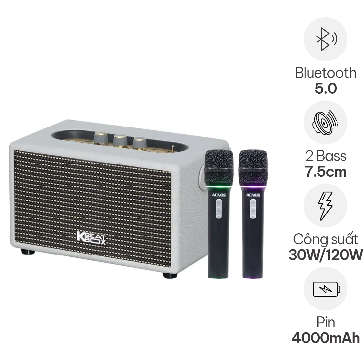 Loa xách tay Acnos S30 (New 2026, 120W, Bluetooth 5.0, Kèm 2 tay micro)